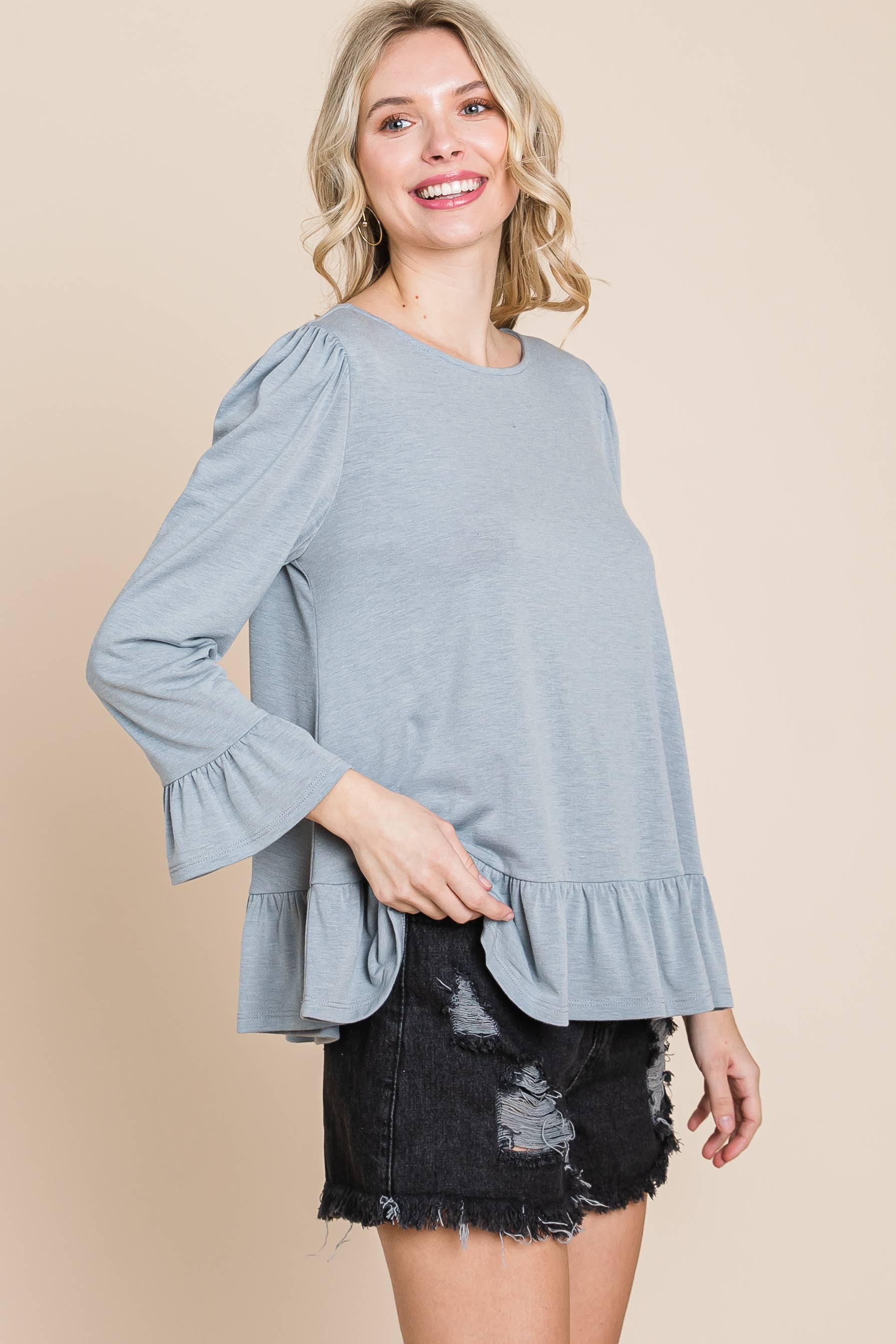 Emerald Collection - Wholesale Blouse - Women's - ETK-8690-PL Plus Size Babydoll Ruffle Hem Solid Top11