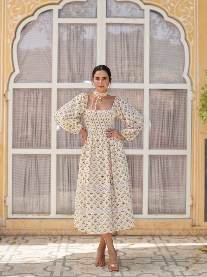 Echo of Pink – wholesale Dress – Women's – Midi Dress | Butter Yellow | Block Print Dress | Pearl Dress4