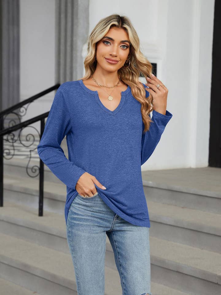 Lovesoft - Wholesale T-Shirt - Women's - V-neck Long-sleeved Loose T-shirt Solid Color Top18