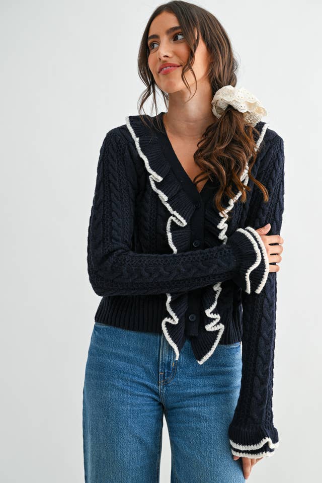Camellia - Wholesale Cardigan - Women's - STYLIESH BLUE RUFFLED CARDIGAN13