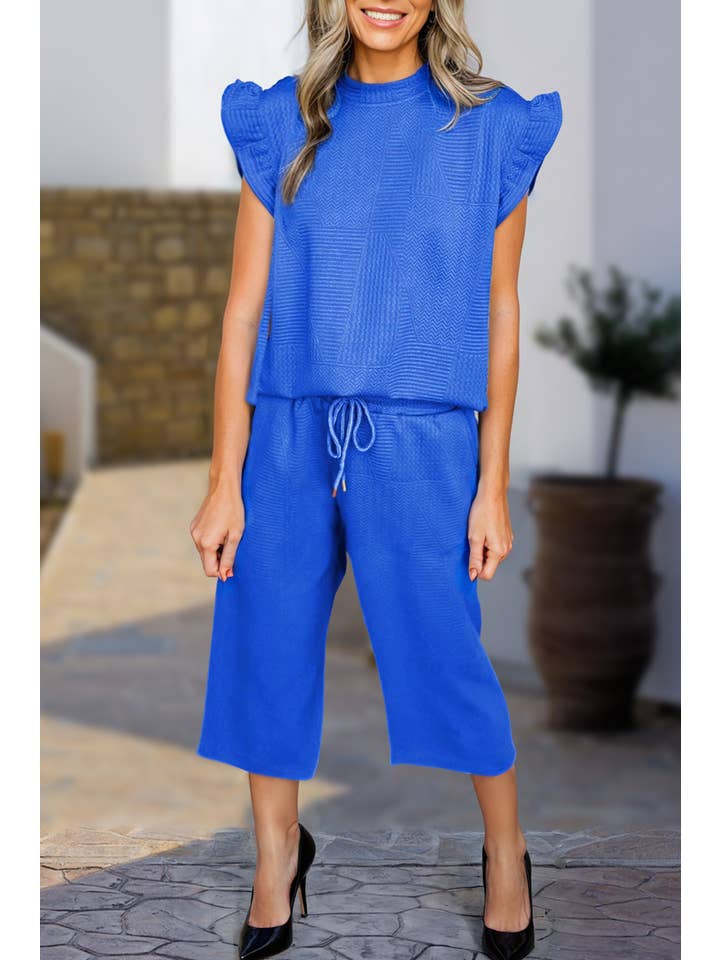 Aapparella - Wholesale Lounge Set - Women's - Ruffled Sleeve Summer Top & Cropped Pants Set | S-XL
