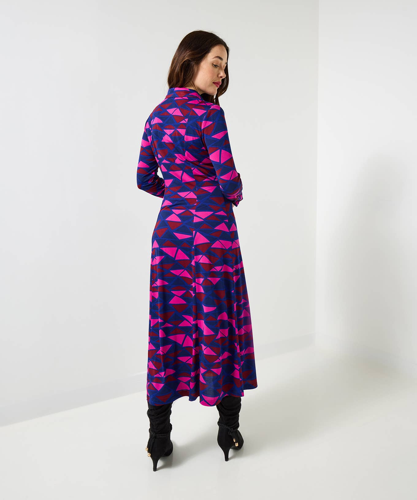 Purple Estelle Geo Print Jersey Shirt Dress for wholesale on Faire4