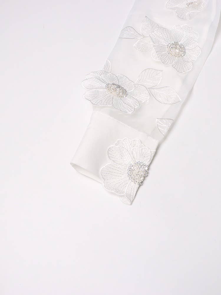 Productseeker - Vente Chemise à col boutonné – femme - Chemise en organza de luxe ST003 avec détails floraux en sequins 3D7