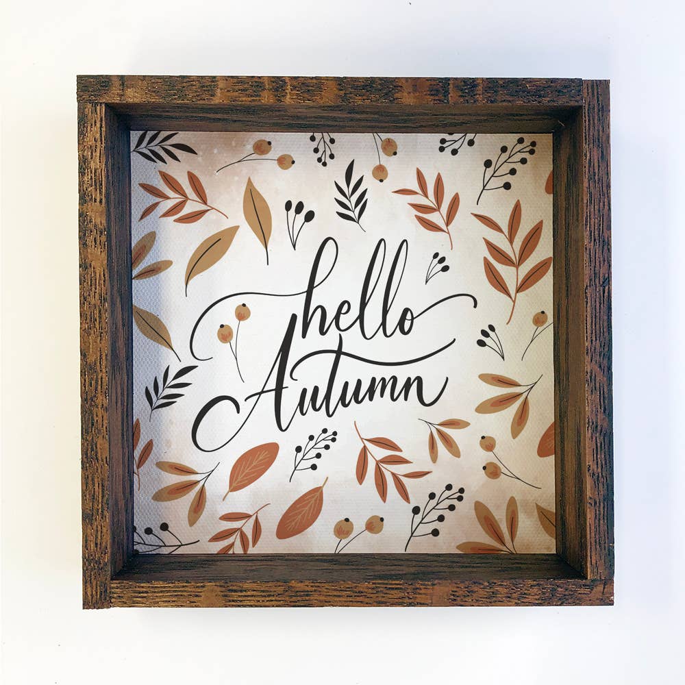 Hangout Home - Wholesale Sign - Hello Autumn Small Wood Sign with Walnut Frame0