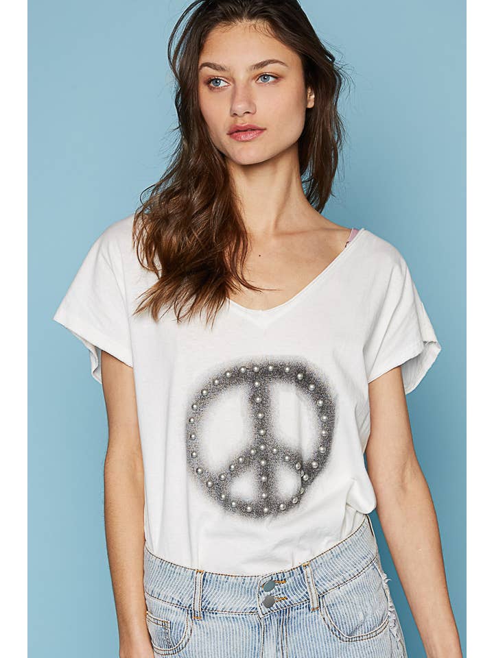 Pol Clothing - Wholesale T-Shirt - Women's - Dropped short sleeve studded peace emblem tee SALE