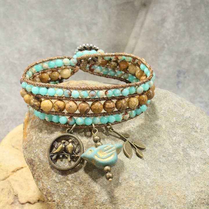 The Primitive Peddler, Inc. - Wholesale Charm/Dangle Bracelet - Bronze, Leather, & Stone Bird Charm Bracelet