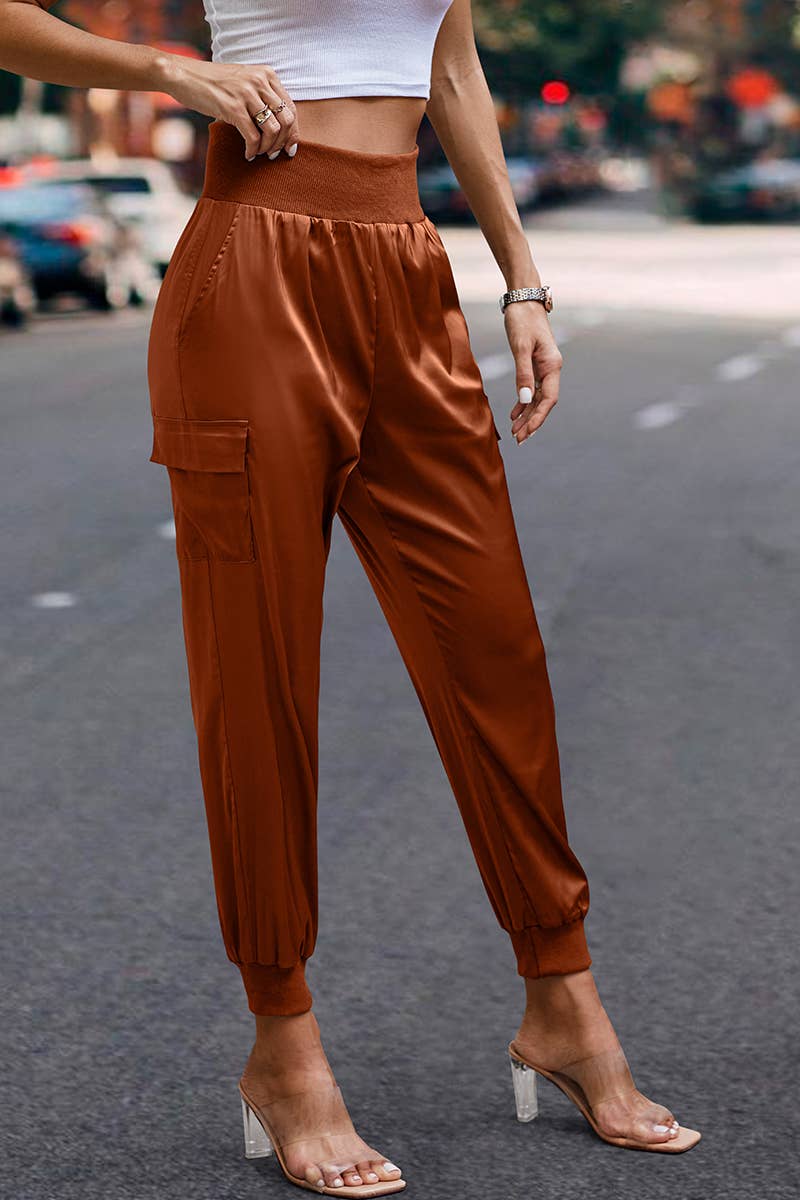 Elings - Wholesale Pants - Women's - High Waist Long Pant Trousers With Pocket Satin Jogger Pants3