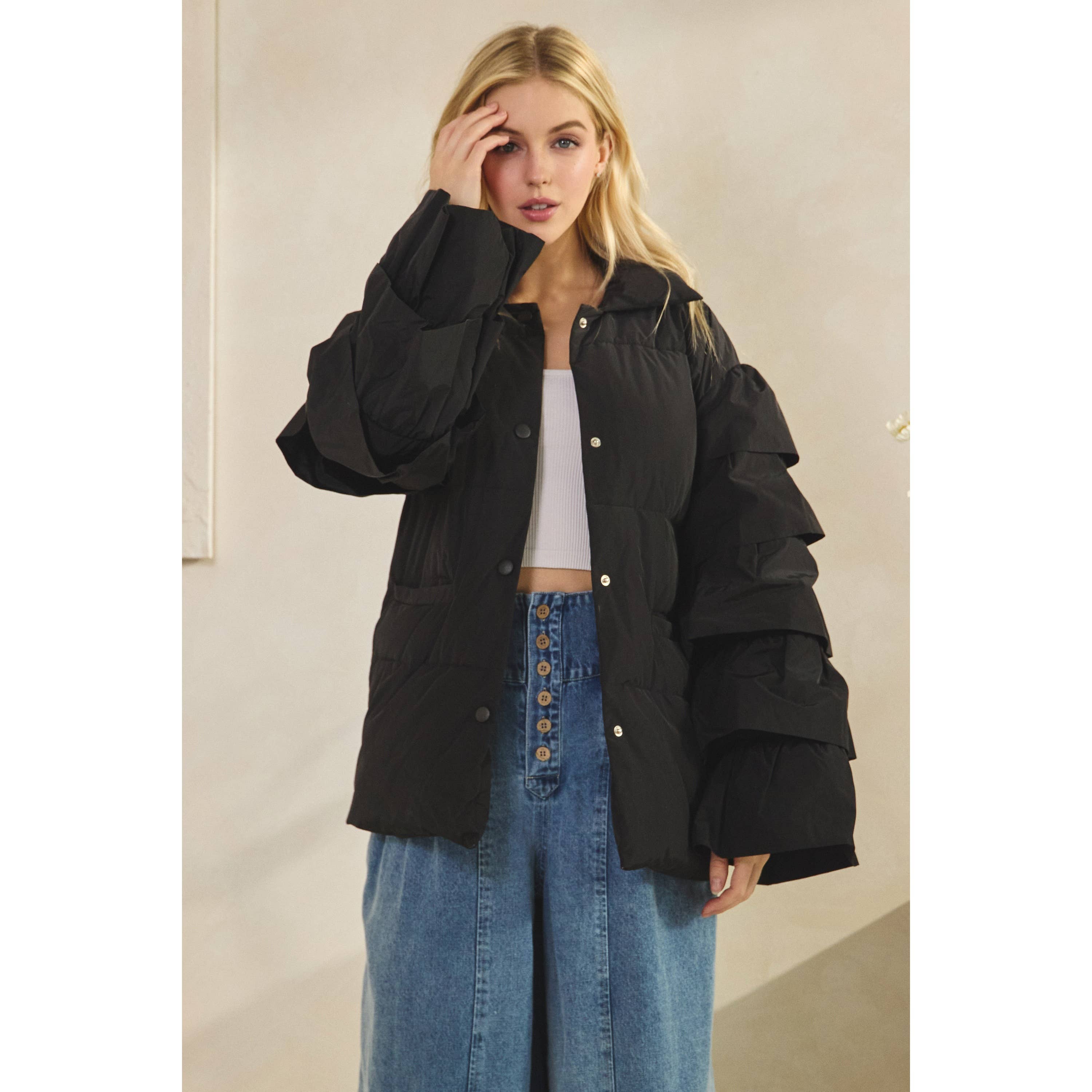 Veveret - Wholesale Jacket - Women's - Tiered Ruffle Long Sleeve Padded Jacket11