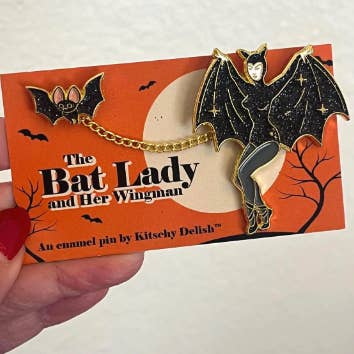 Kitschy Delish - Wholesale Lapel Pin/Button - Bat Lady and Her Wingman glittery enamel pin