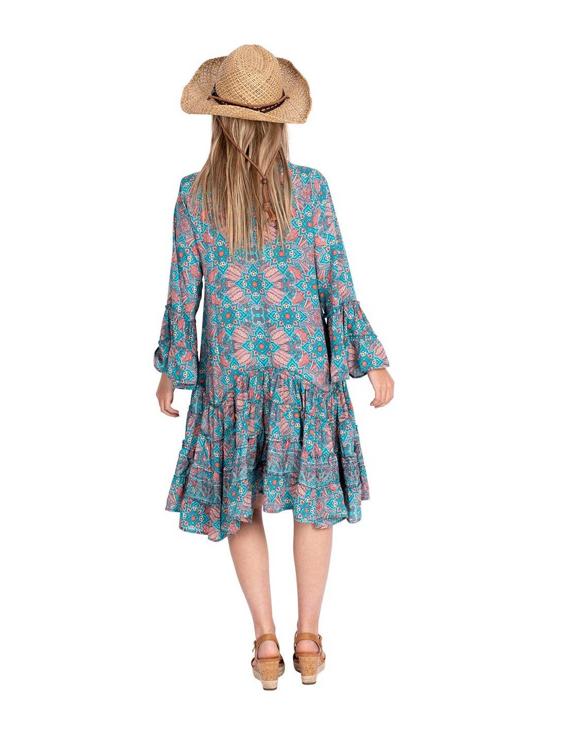 Türkis Boho-Kleid mit kurzen Ärmeln und A-Linie für den Großhandel auf Faire4