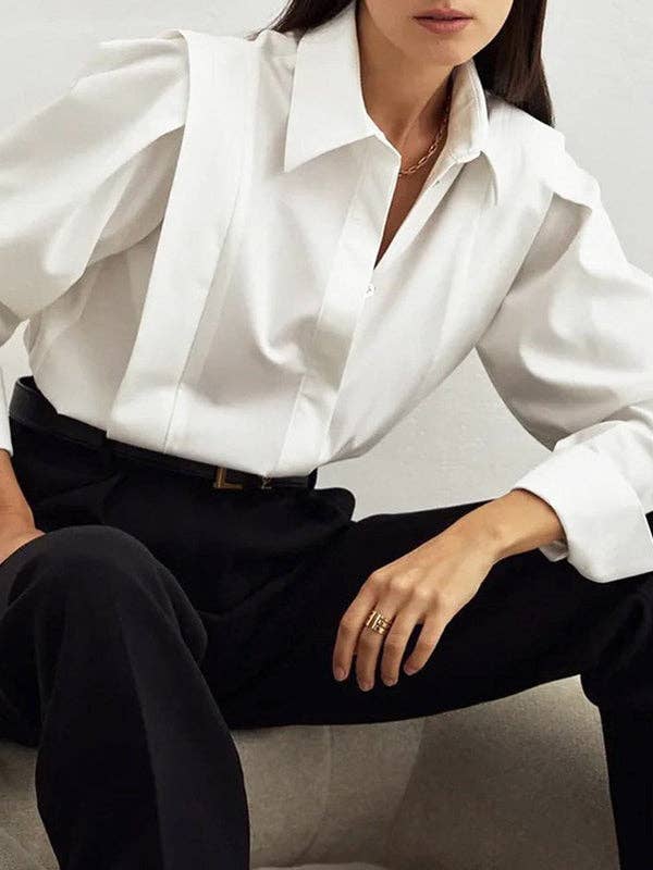 Long Sleeves Loose Buttoned Solid Color Lapel Blouses&Shirts Tops for wholesale by VividLux