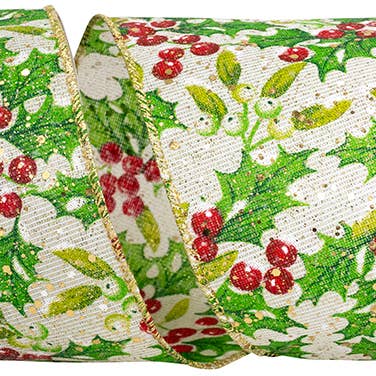 RELIANT RIBBON - Wholesale Ribbon - Gift Wrapping - Holly Berries And Leaves Glimmer Wired Edge, Green/red, 4"