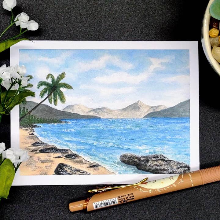 Kathryn Paul Fine Art - Wholesale Stationery/Notecard Set - Tropical Watercolor Notecard Set with Beach and Palm Trees4