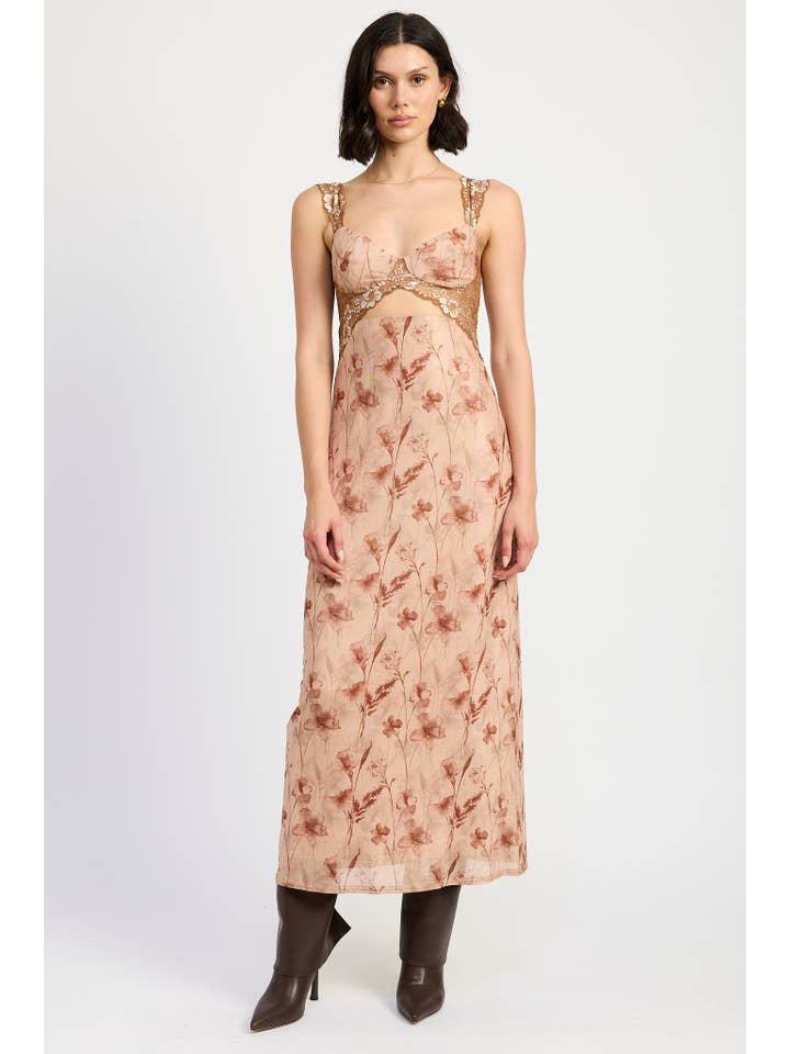 BROWN FLORAL LACE CONTRAST MAXI DRESS for wholesale on Faire