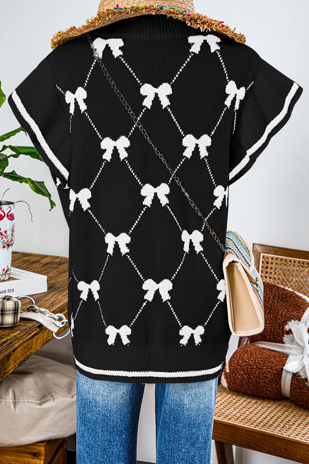 fashionworks - Vente Pull en maille – femme - Chandail à col zippé à imprimé nœud Fashion-W Preppy Vibes3