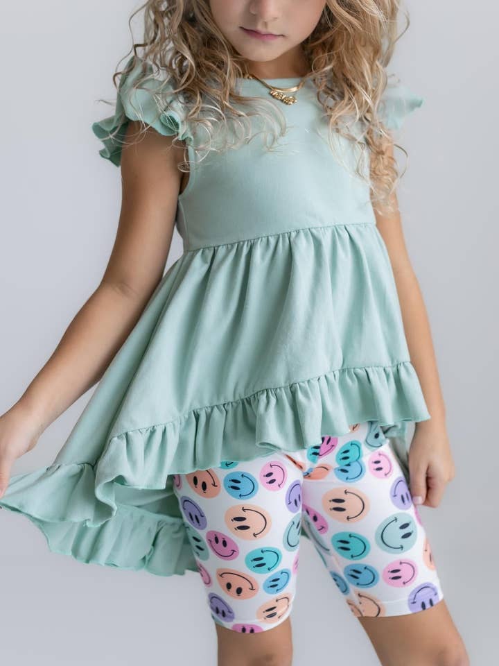 Kids Mint Green Smiley Face Hi Lo Spring Summer Short Set for wholesale by Adorable Sweetness