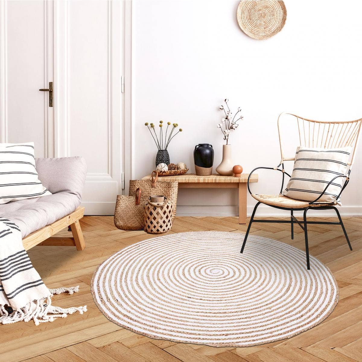 O&Ko – Großhandel Teppichunterlage – Runder Teppich SPIRALTRY 250 x 250 cm, Weiß – handgefertigter Juteteppich1