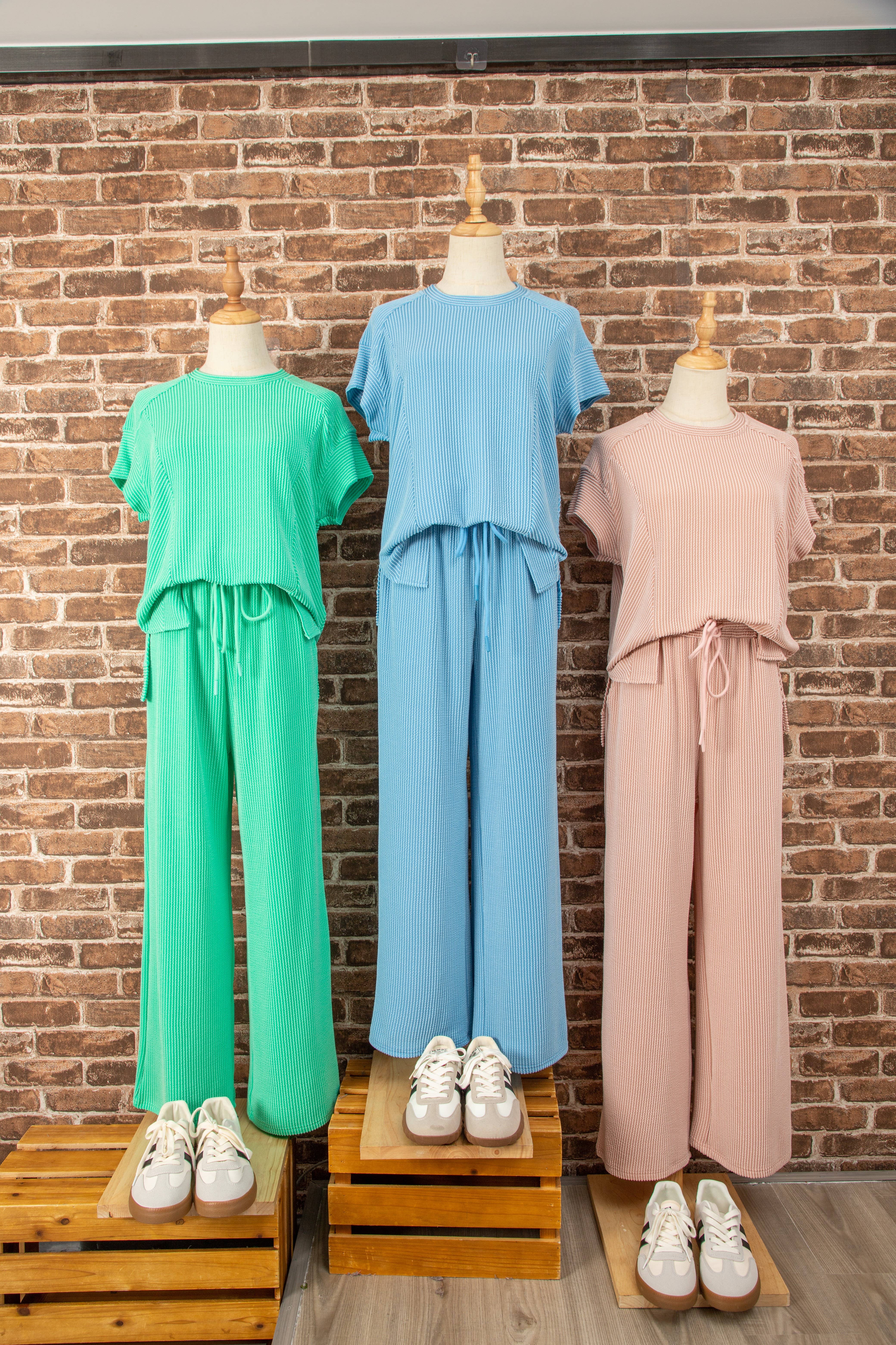 LA Society - Wholesale Lounge Set - Women's - Cable Knit Short Sleeve T Shirt and Wide Leg Pants Set9