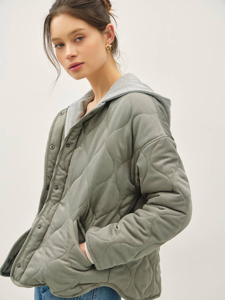 QUILTED JACKET WITH ATTACHABLE CONTRAST HOOD for wholesale by Be Cool