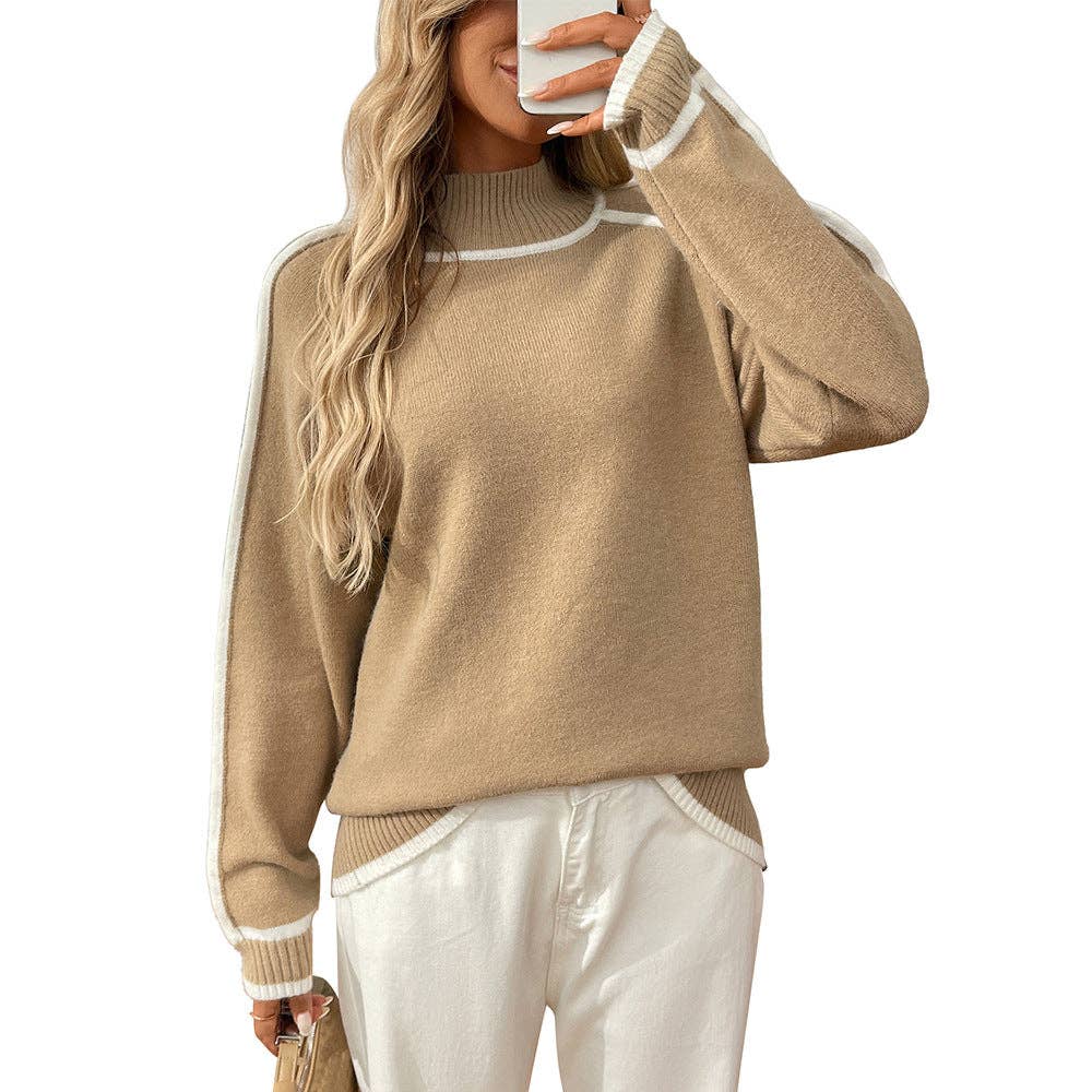 Lovesoft - Wholesale Knit Sweater - Women's - Colorblock Mock Neck Pullover Knit Sweater0