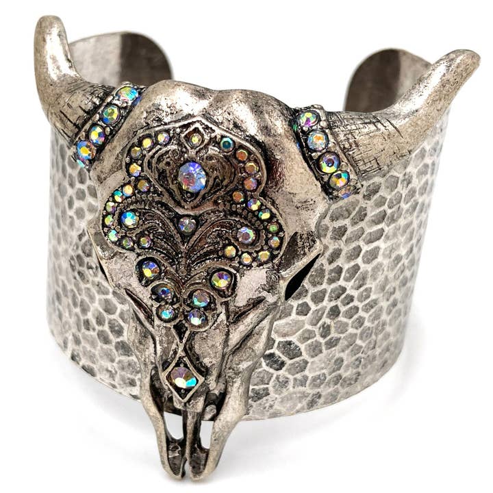 Longhorn Skull Bohemian Rhinestone Western Wide Cuff Bracelet for wholesale by Lunar Deer