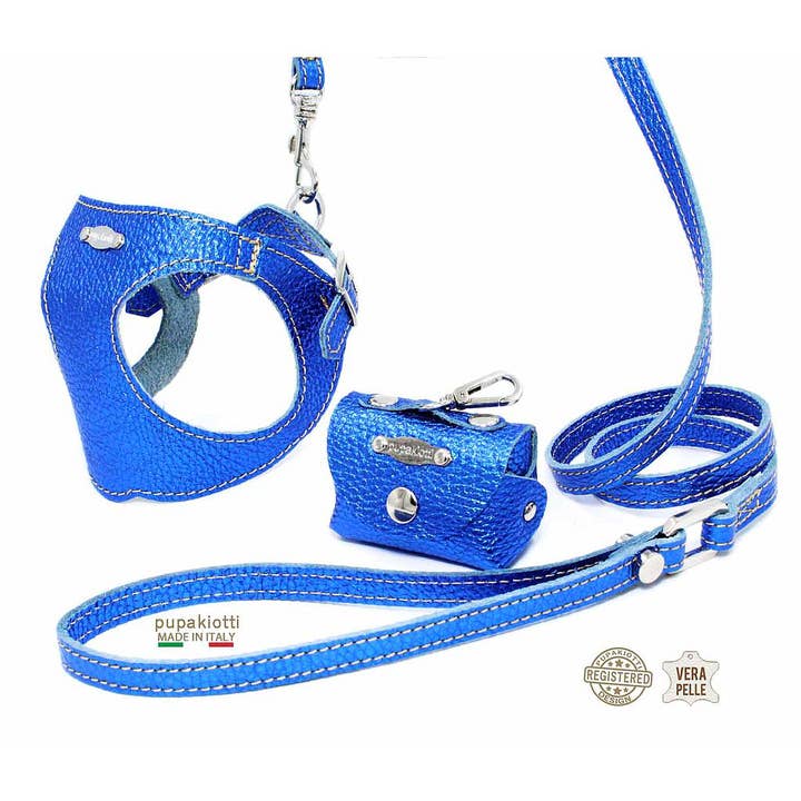 Pupakiotti Pets, Brand in Italy Srl. - Vendita all'ingrosso Guinzaglio - Cani - GLAM. Set 3 pezzi. Pettorina e guinzaglio con porta sacchetti in pelle per cane