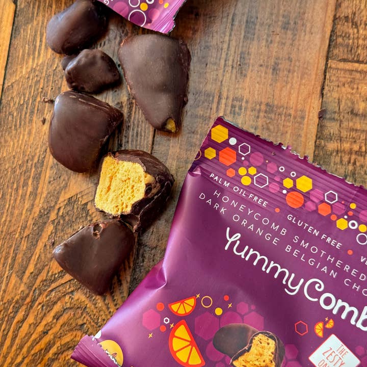 Yummycomb - Wholesale Chocolate Covered Sweets - 12 x 70% Dark Orange Belgian Chocolate Honeycomb pack (40g)