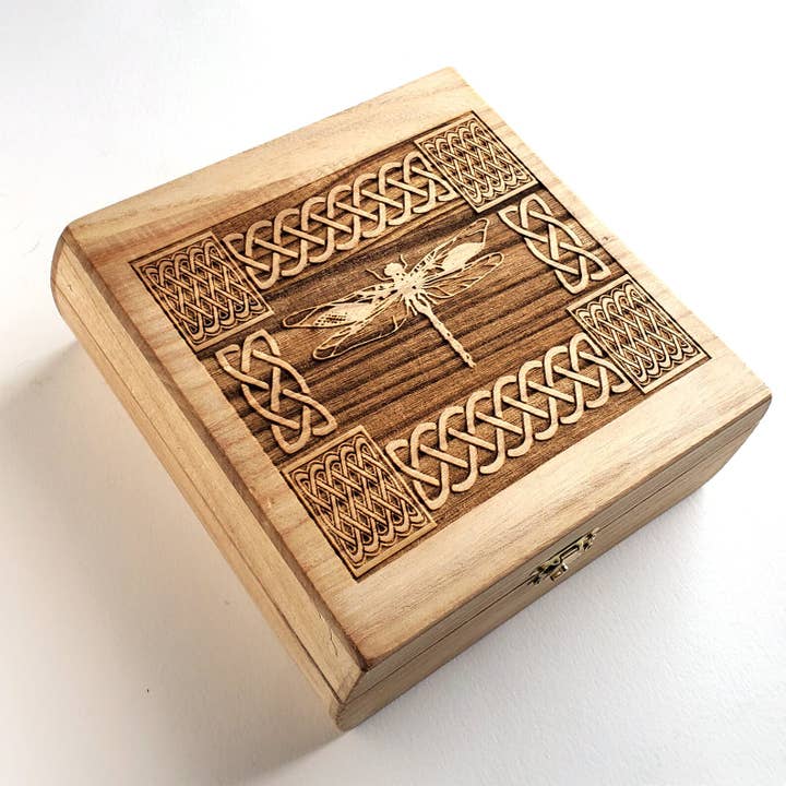 Celtic Knotwork Dragonfly Engraved Wooden Keepsake Box for wholesale by Lyoncraft