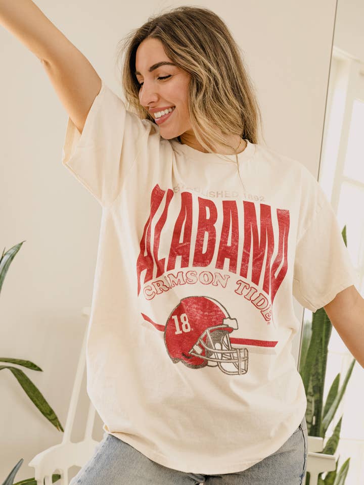 LivyLu - Wholesale Screen Printed T-Shirt - Unisex - Bama Crimson Tide Established Helmet Off White Thrifted Tee1