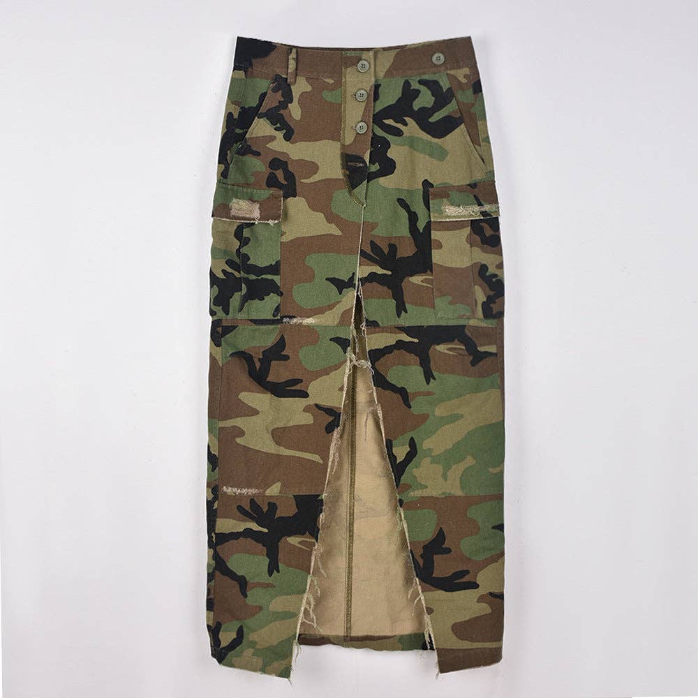 MB FASHION High-Waisted Camo Cargo Skirt with Slit 8805LY for wholesale on Faire2