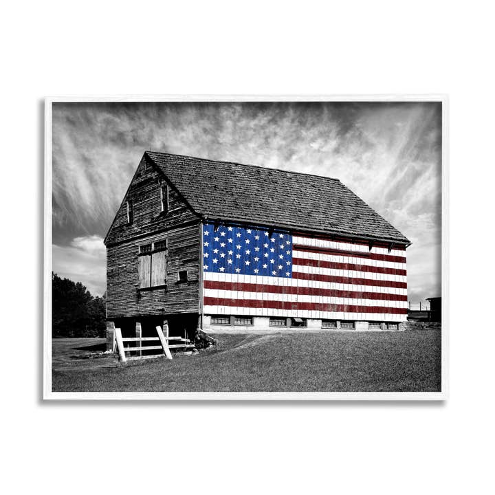 Stupell Industries - Wholesale Kunstprint - zwart-wit boerderij schuur Amerikaanse vlag ingelijst