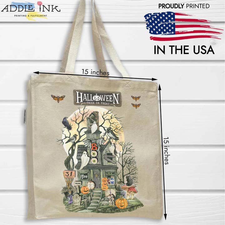 Trick or Treat Mushroom Cottage Halloween Tote Bag - Unisex for wholesale by ADDLE iNK