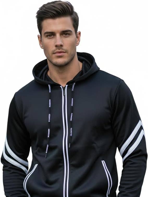 Felpa sportiva nera con cappuccio da uomo con striscia bianca/gialla per la vendita all'ingrosso da parte di Lime Tree Clothing Inc.