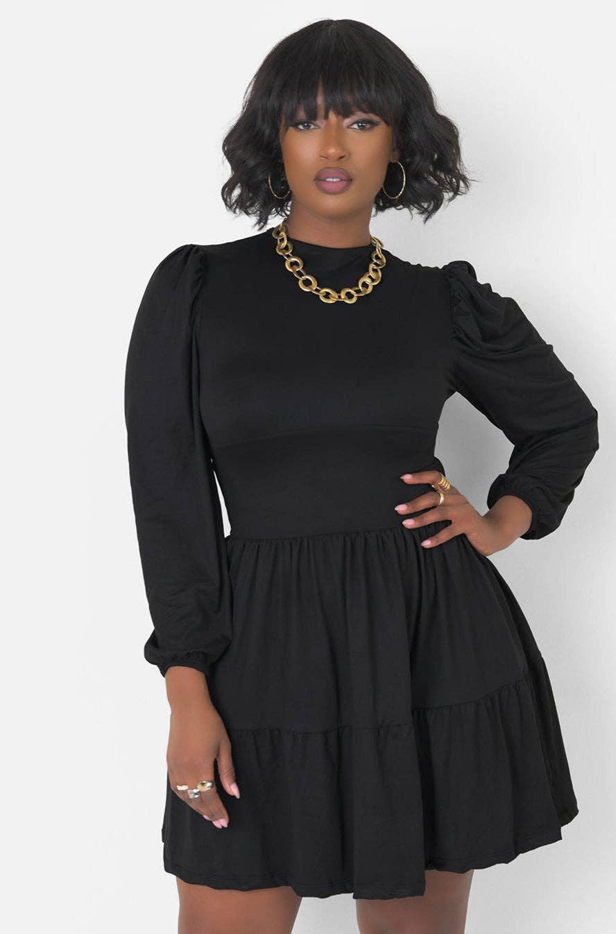 Black Time & Time Again Oversized Sleeve Skater Mini Dress for wholesale on Faire1