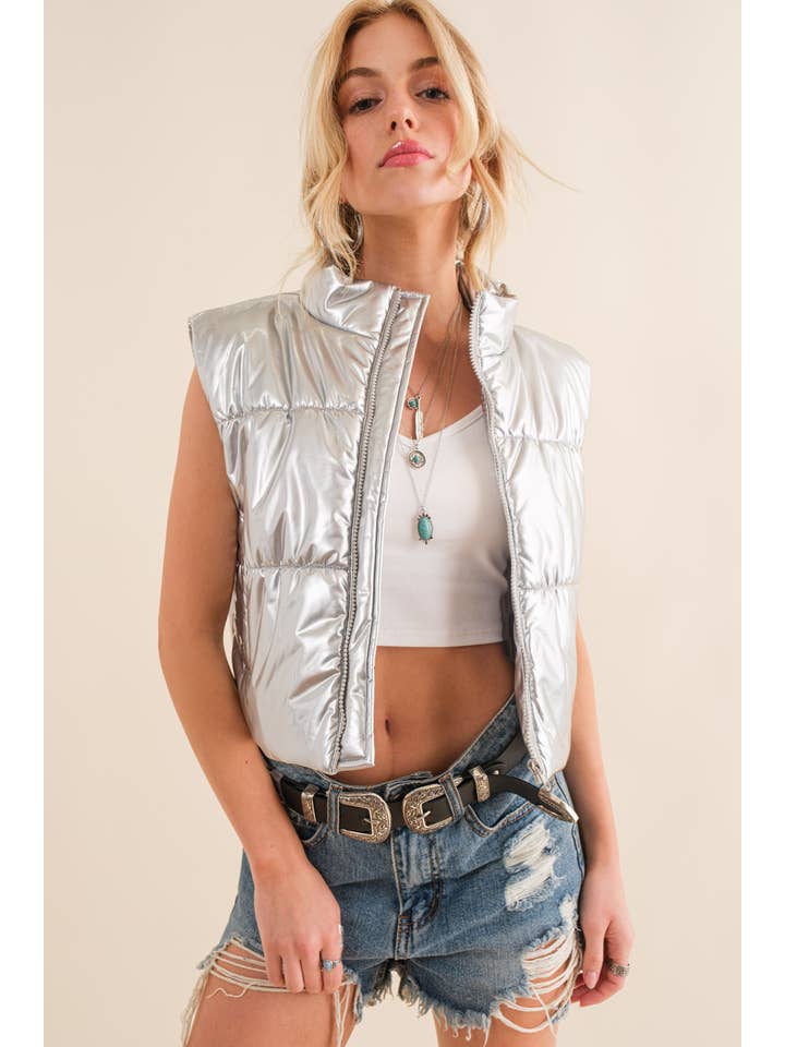 Blue B - Wholesale Outerwear Vest - Women's - 22656J - Gloss Shiny PU Quilted Puffer Zip Up Crop Vest12