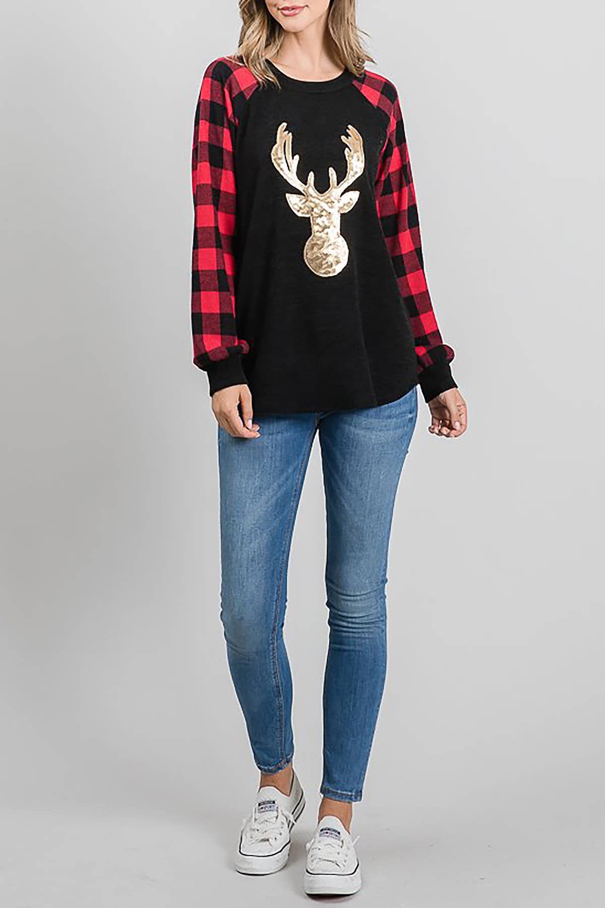 ROUSSEAU - Vendita all'ingrosso Maglietta - Donna - TOP A CONTRASTO CON STAMPA A QUADRI E RENNE CON PAILLETTES4