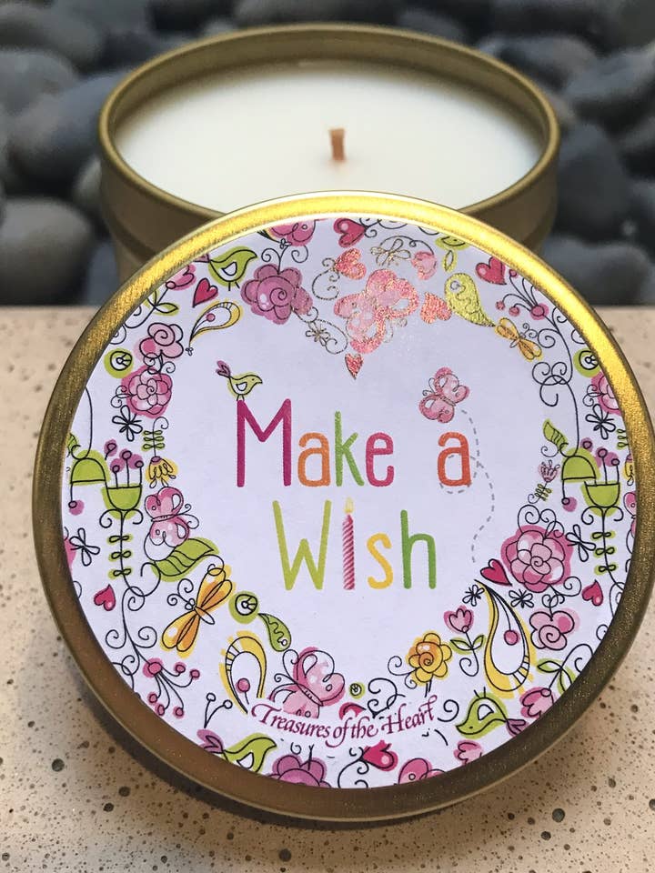 MAKE A WISH Heart Citrus Scented Candle in Gold Tin for wholesale by Treasures of the Heart