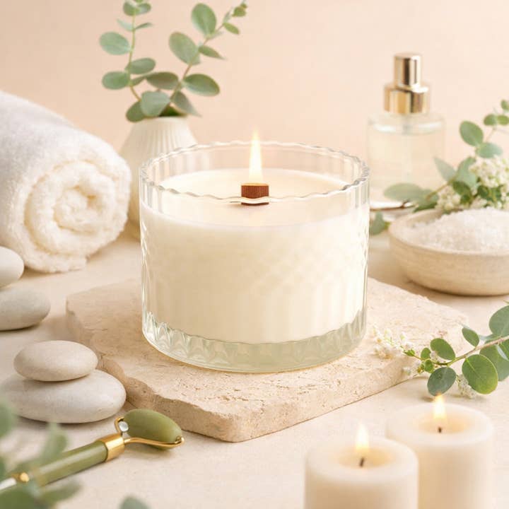 Faceted Crystal Glass Candle with Wooden Wick & Lid – Luxe Shelf-Ready Retail Candle for wholesale by Candle Bliss