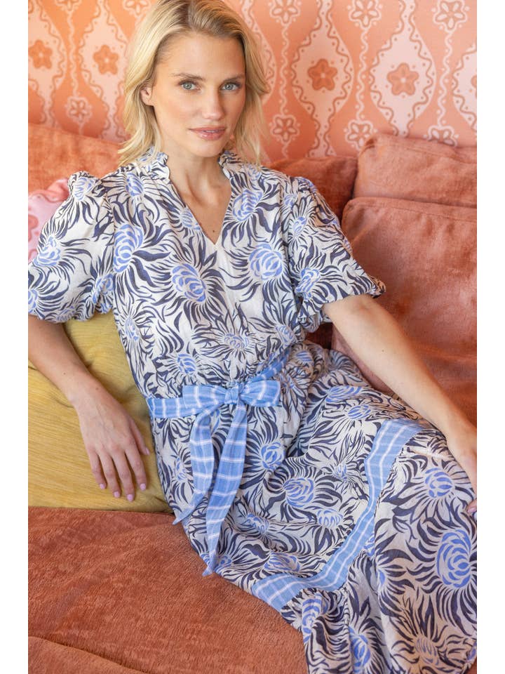 Navy 35354 Floral Print Contrast Stripe Midi Dress for wholesale on Faire