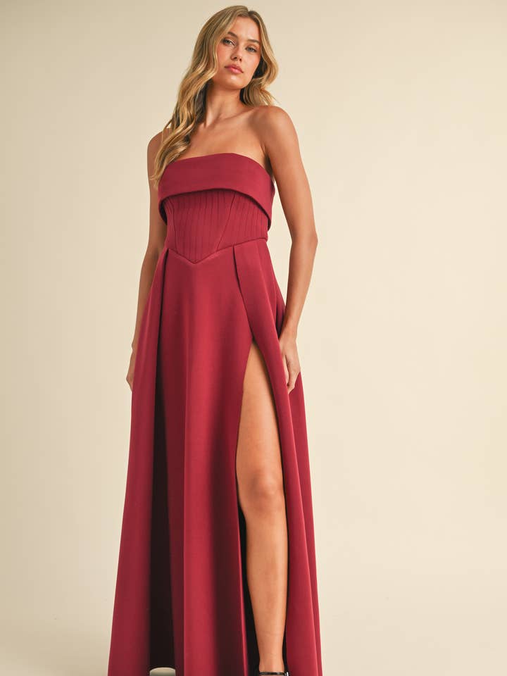 Klesis - Wholesale Dress - Women's - ID8406 CORSET SCUBA FABRIC MAXI DRESS WITH DRAMATIC SLIT
