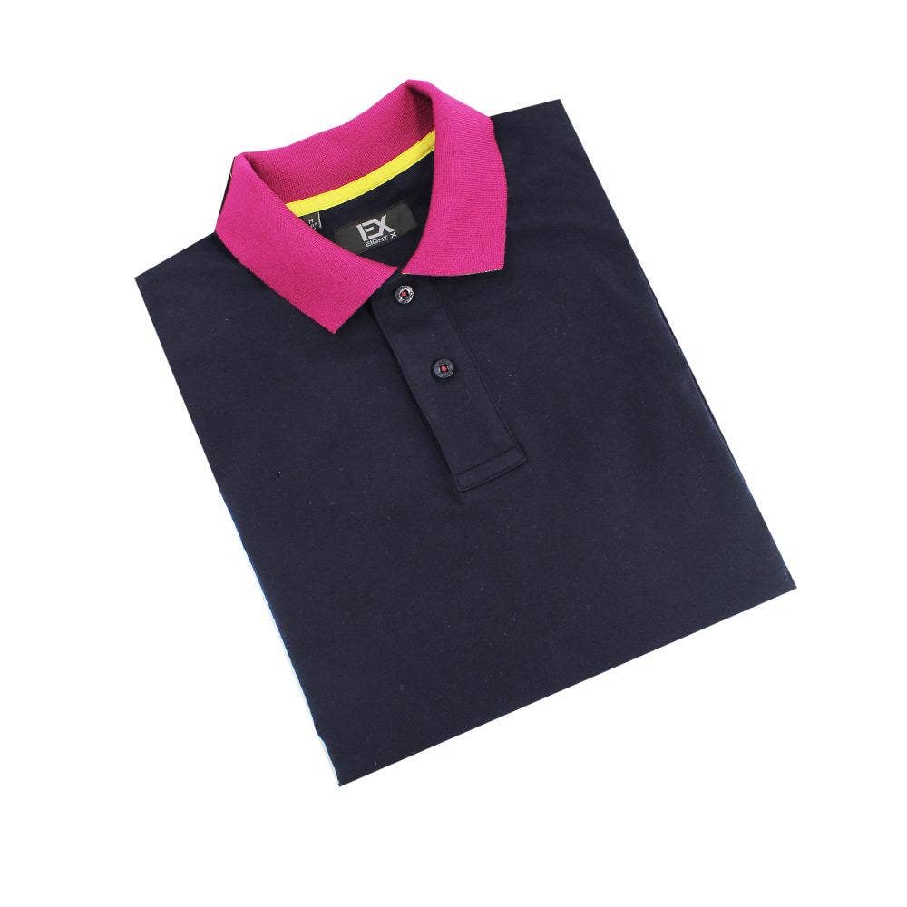 EIGHT X – Polo - Homem por atacado – Polo azul marinho com gola dupla face com estampa de grade amarela e fúcsia1
