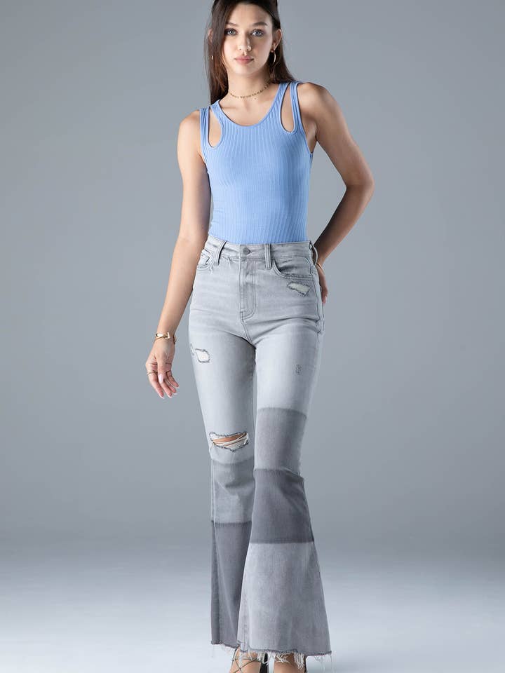 Fall Women's Grey High Rise Panel Super Flare Denim Jean for wholesale by Ceros Jeans