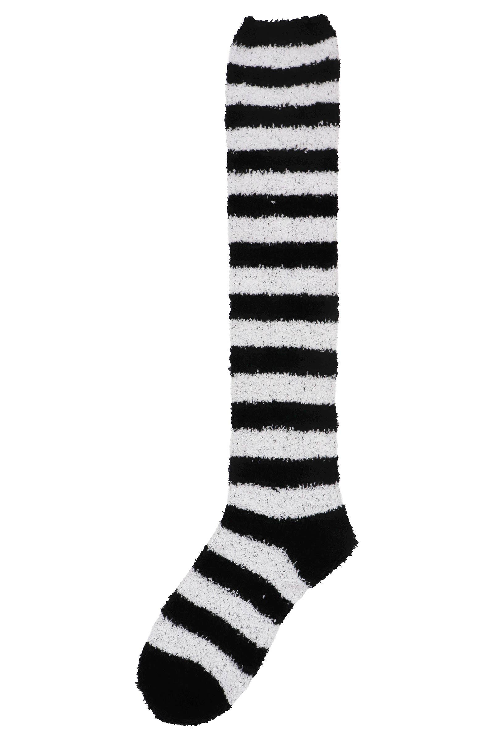 SORTIDAS Meias femininas felpudas listradas acima do joelho para venda a revendedores na Faire4