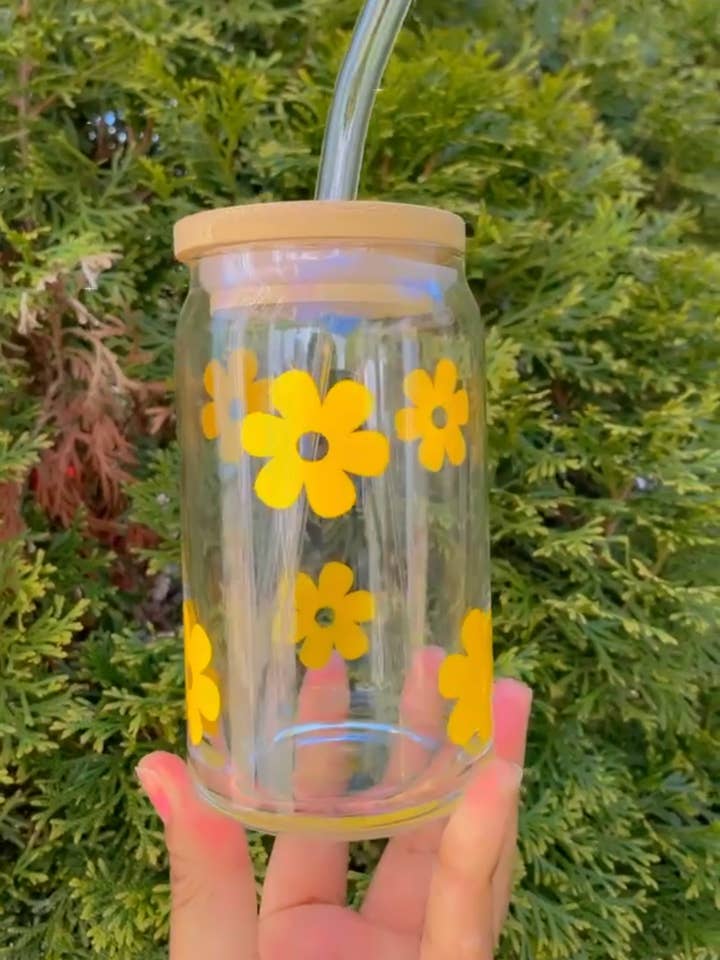 Retro flower can glass for wholesale by Pink pretty designs