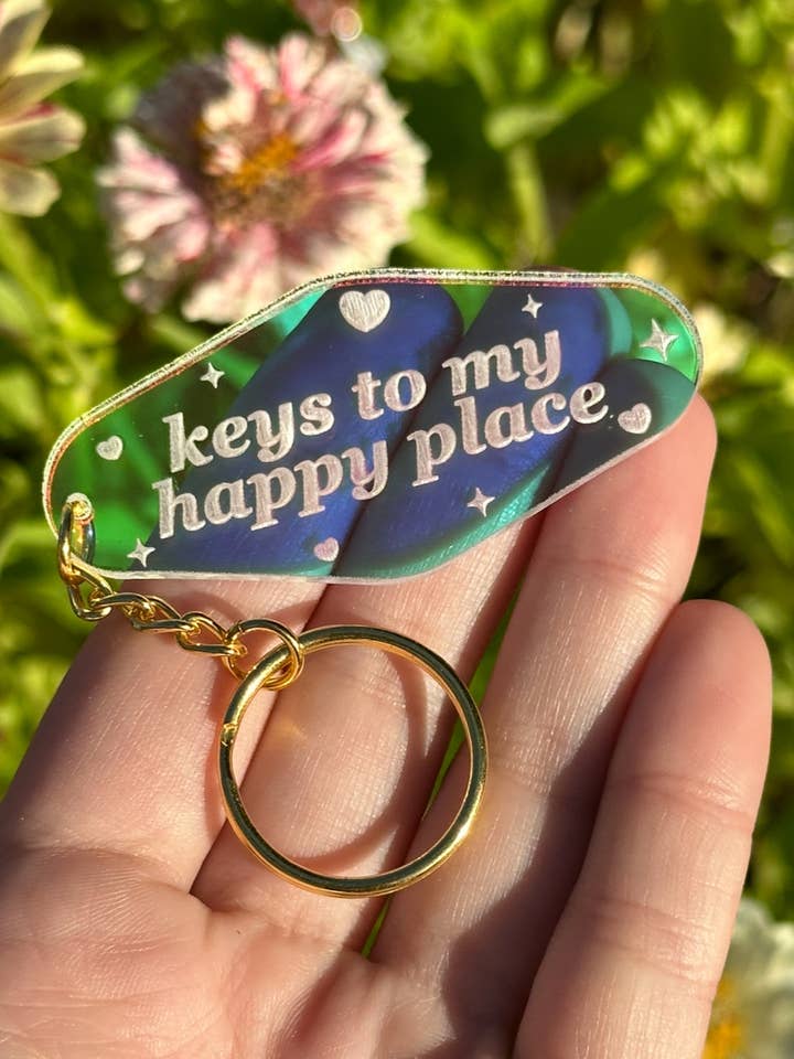 Keys To My Happy Place Motel Iridescent Keychain for wholesale by ShlemonArt