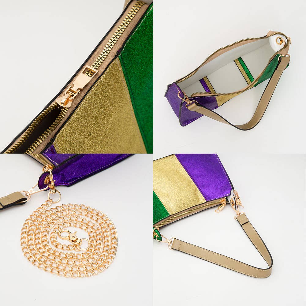 Sensibling Corp. - Wholesale Shoulder Bag - Women's - Faux Leather Mardi Gras Sparkle Front Shoulder Crossbody Bag3