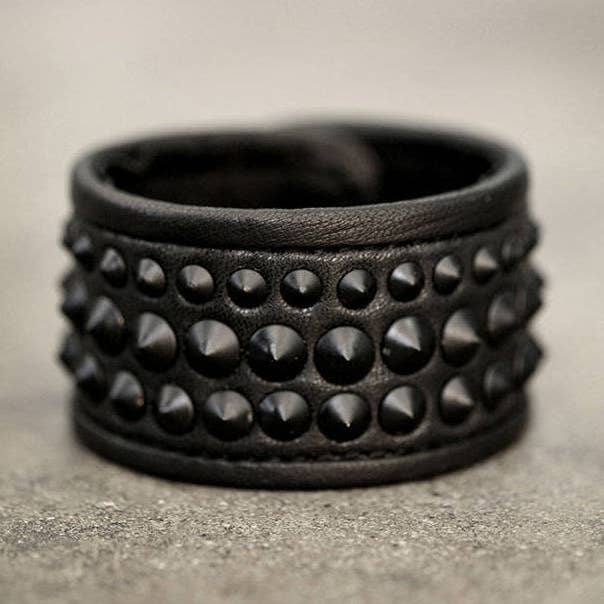 BLACK on BLACK Leather Metal Studded Cuff Punk Bracelet for wholesale by JUNGLE TRIBE
