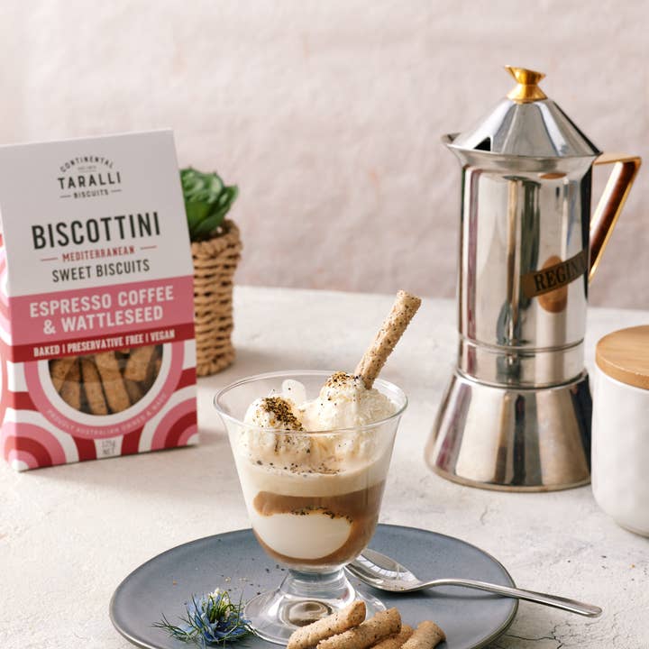 Continental Taralli Biscuits - Wholesale Biscuit - BISCOTTINI - Espresso Coffee & Wattleseed - Vegan (125g)1