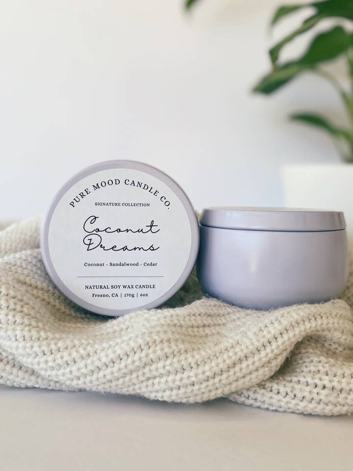 Coconut Dreams Candle - White 6 oz Tin Candle for wholesale by Pure Mood Candle Co.