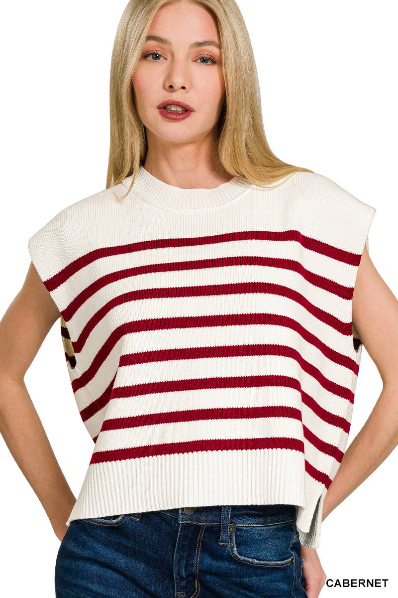 42POPS - Wholesale Outerwear Vest - Women's - ',,.._ Oversized Crew Neck Stripe Sweater Vest6